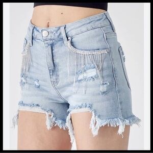 RISEN high rise rhinestone shorts in light, great stretch, distressed accents